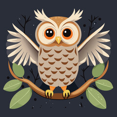 Illustration of owl with open wings on the branch 