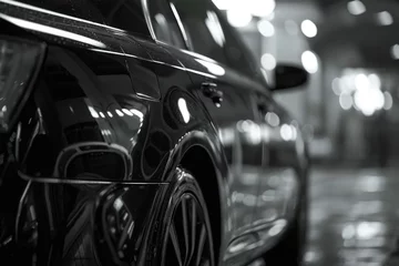 Fotobehang A black and white photo of a car. Suitable for automotive enthusiasts and vintage car enthusiasts © Fotograf