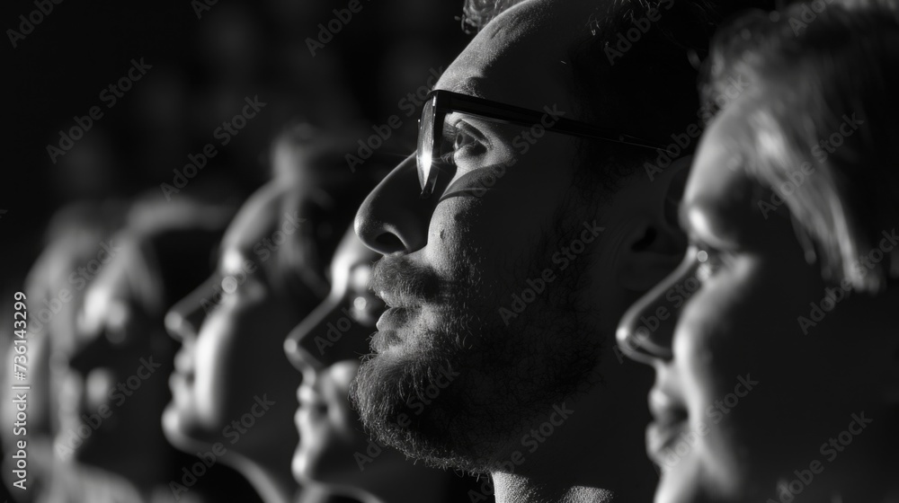 Poster a black and white photo capturing a group of people. suitable for various uses