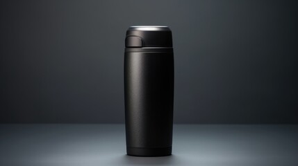 A black thermos bottle sitting on top of a table. Suitable for various uses - obrazy, fototapety, plakaty
