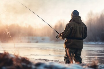 A man fishing on a frozen lake during winter. Suitable for outdoor and winter activity themes