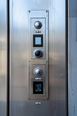 Metal elevator door with buttons and controls. Perfect for illustrating modern technology and transportation.