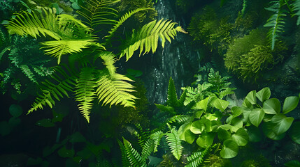 Enchanting Flora Macro: Close-Up Shot Revealing Intricate Details of Moss and Ferns Near Waterfall
