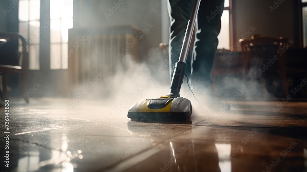 Wall mural A person is using a steam mop to clean the floor. This image can be used for illustrating household chores or promoting cleaning products