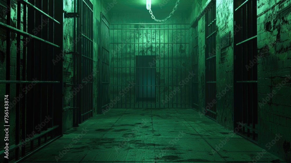 Poster A dimly lit jail cell with a chain hanging from the ceiling. This image can be used to depict a prison setting or to symbolize captivity and confinement