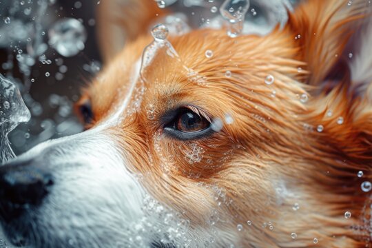 A close-up view of a dog's face submerged in water. Can be used to depict the joy and excitement of playing in water or as a representation of a refreshing and rejuvenating experience