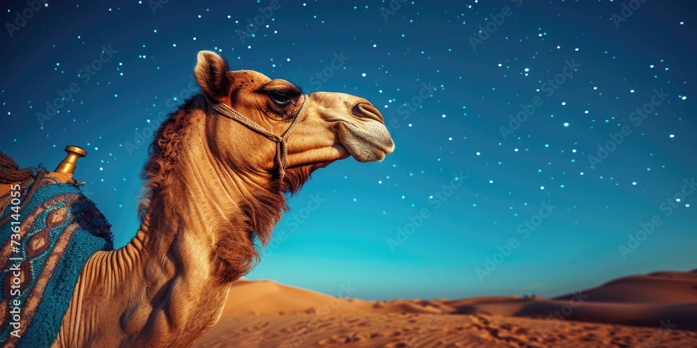 Aufkleber A beautiful image of a camel standing in the desert with a starry sky in the background. Perfect for travel and adventure themes