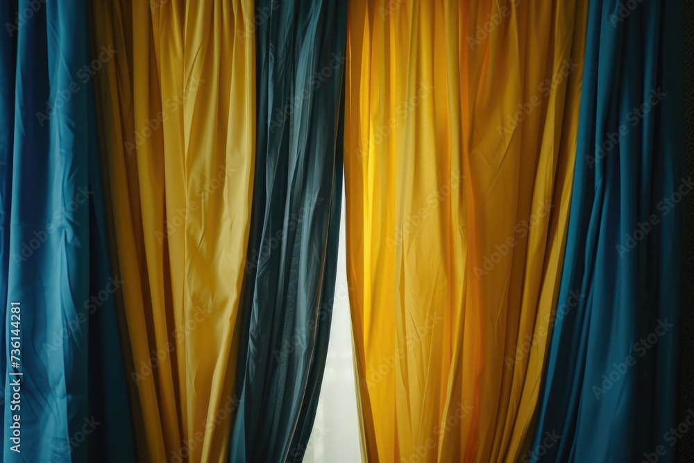 Poster A picture of a yellow and blue curtain hanging from a window. Can be used to add a pop of color to interior design projects