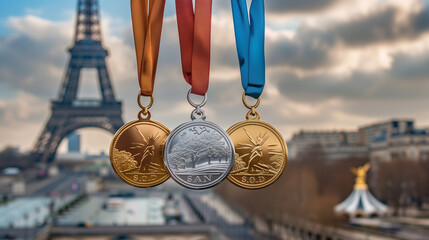 Paris olympics games France 2024 ceremony medal running sports Eiffel tower summer artwork painting commencement torch gold silver bronze - obrazy, fototapety, plakaty