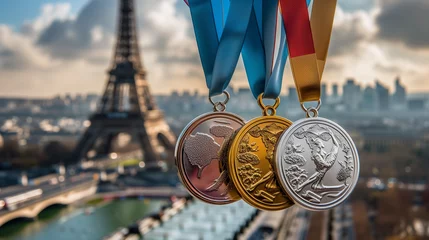 Fotobehang Paris olympics games France 2024 ceremony medal running sports Eiffel tower summer artwork painting commencement torch gold silver bronze © The Stock Image Bank