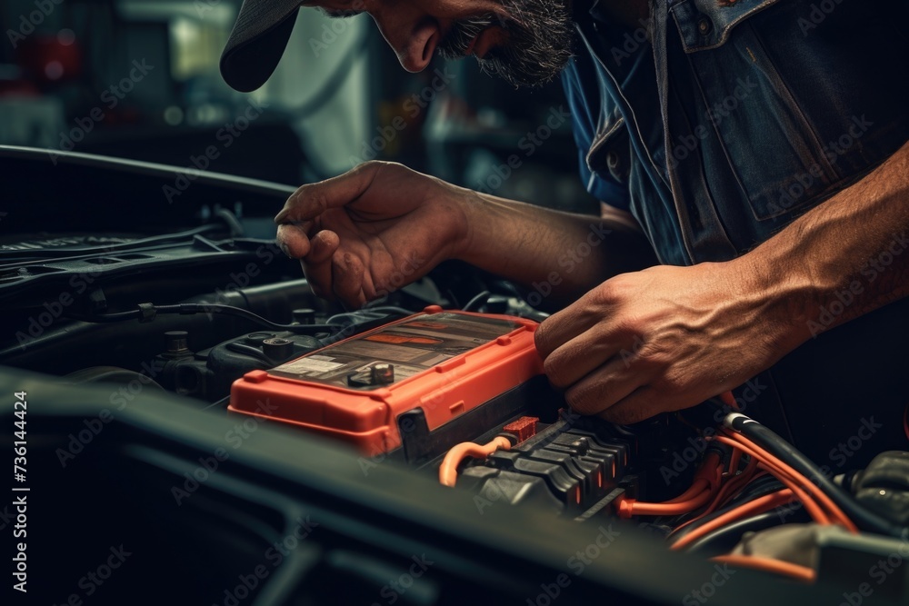 Poster A mechanic is seen working on a car engine. This image can be used to showcase the expertise and skills of a mechanic or to illustrate the process of car maintenance and repair