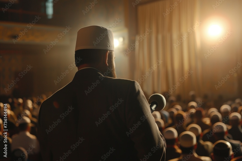 Poster a man standing in front of a crowd, using a microphone to address the audience. suitable for present