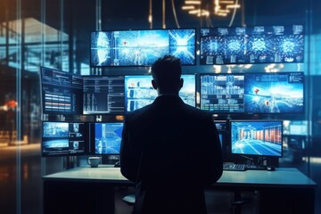 A man sitting at a desk in front of multiple monitors. Perfect for technology and work-related concepts