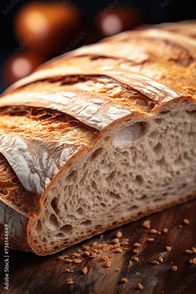 Poster a simple image of a loaf of bread placed on a wooden table. perfect for food-related projects or bak