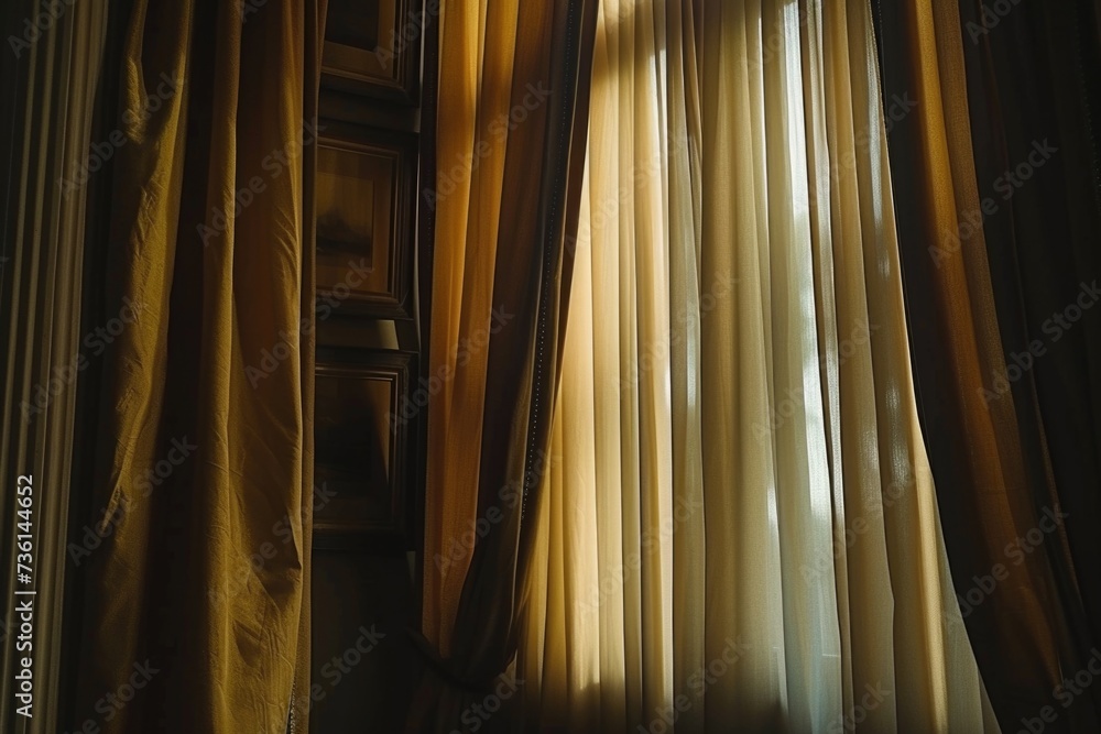 Poster A window with a curtain and a soft light shining through. Perfect for adding a touch of warmth and ambiance to any space