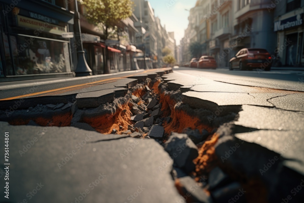 Poster A picture of a large crack in the middle of a street. This image can be used to depict infrastructure problems or construction issues