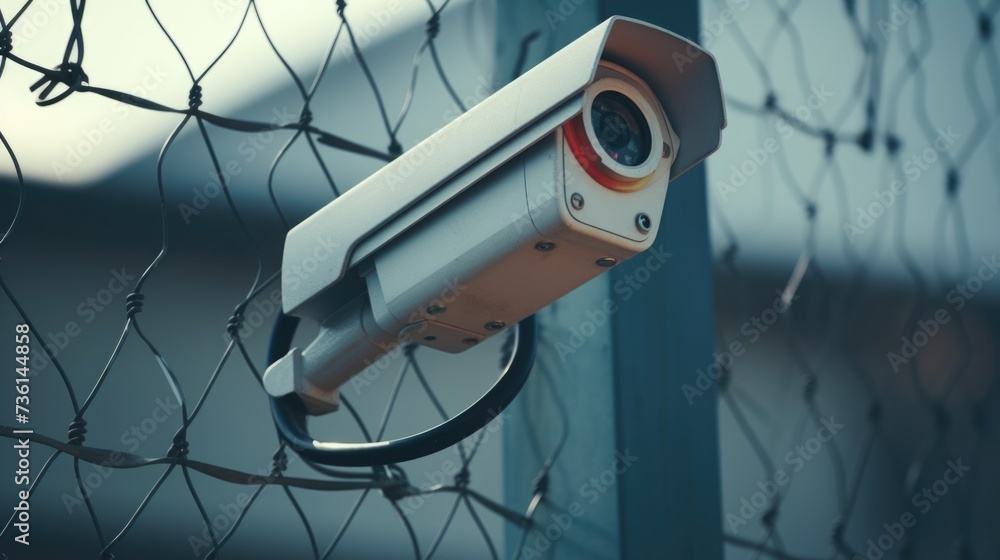 Poster A security camera attached to a chain link fence. Perfect for illustrating surveillance or monitoring concepts