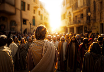 Naklejka premium Jesus standing in Jerusalem teaching a large crowd of followers
