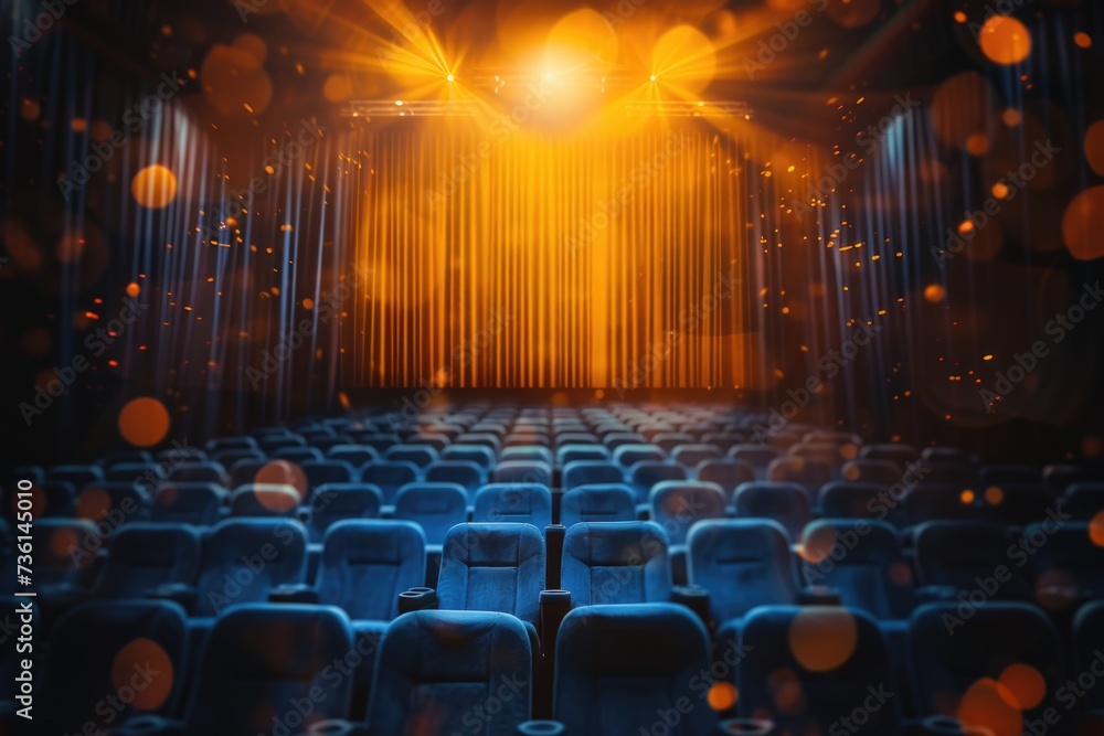 Poster an image of an empty theater with blue seats and a bright light shining down. perfect for illustrati