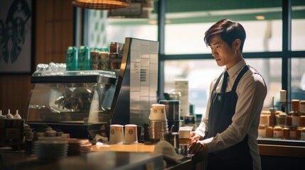 Fototapeta premium A man standing at a counter in a coffee shop. Suitable for coffee shop advertisements or articles about the coffee industry