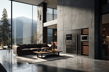 A minimal design kitchen with a refrigerator professional advertising photography