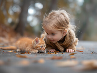 Little kid girl playing with orange small kitten
