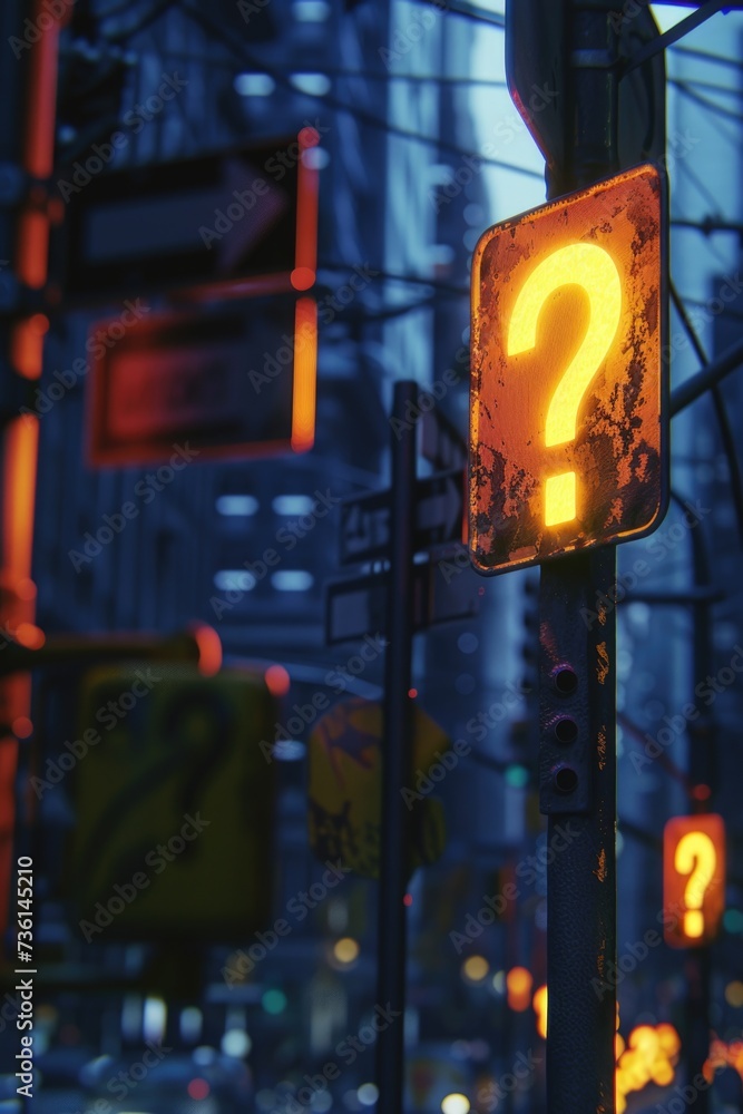 Poster A street sign with a question mark symbol. Can be used to represent uncertainty or confusion in various contexts