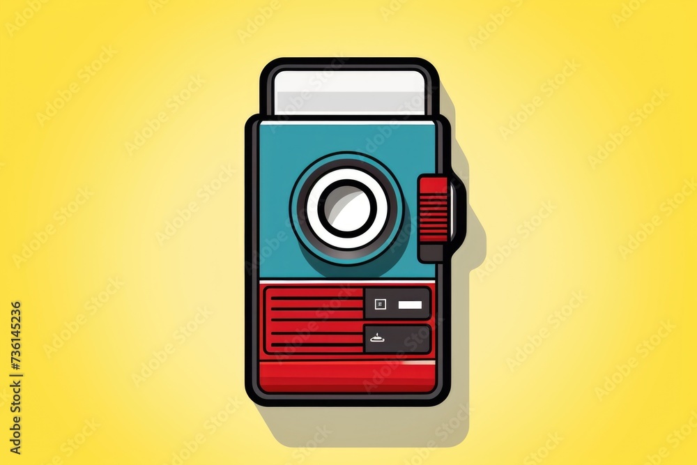 Poster an old camera with a lens on a vibrant yellow background. ideal for photography enthusiasts and retr
