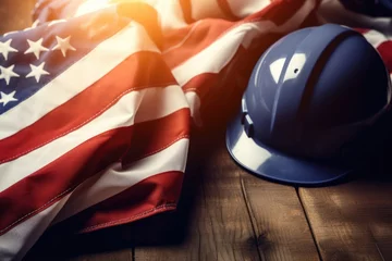 Fotobehang A hard hat and an American flag displayed on a table. Perfect for construction or patriotic themes © Fotograf