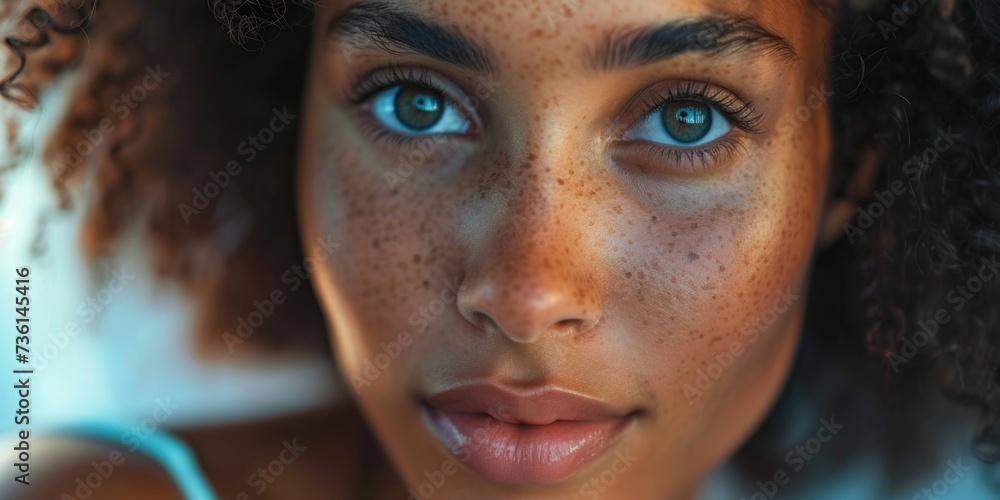 Aufkleber a close-up image of a woman with freckles on her face. this versatile picture can be used in various