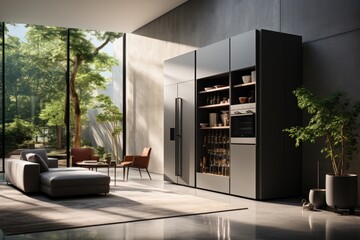 A minimal design kitchen with a refrigerator professional advertising photography