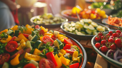 Feasting on a Buffet of Gourmet Roasted Vegetables and Salad at a Social Gathering: Zucchini, Bell...