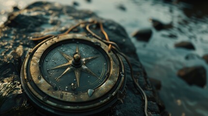 A compass sitting on top of a rock next to water. Perfect for travel and adventure-themed projects