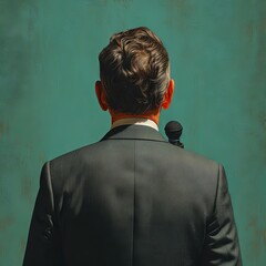 The politician addresses the crowd from the podium. Diplomatic speech and debate, demarche. Concept: Speechwriter, political activity and the will of voters.