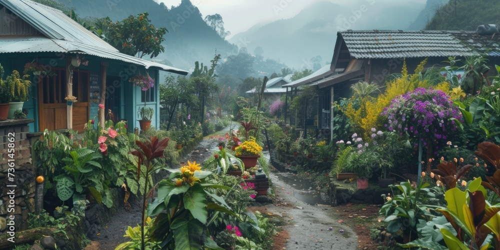Poster a scenic dirt road surrounded by a vibrant display of flowers. perfect for adding a touch of natural