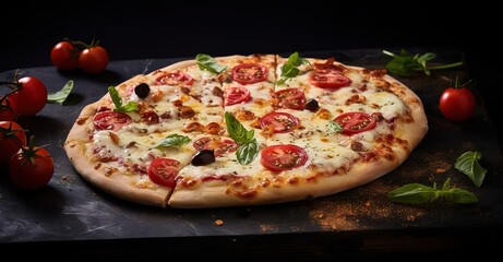 delicious pizza, black background there is free space for text, wallpaper, poster, advertisement, etc