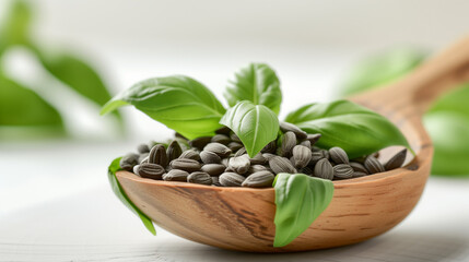 Organic Basil Seeds in a Wooden Spoon Surrounded by Fresh Leaves, healthy life concept