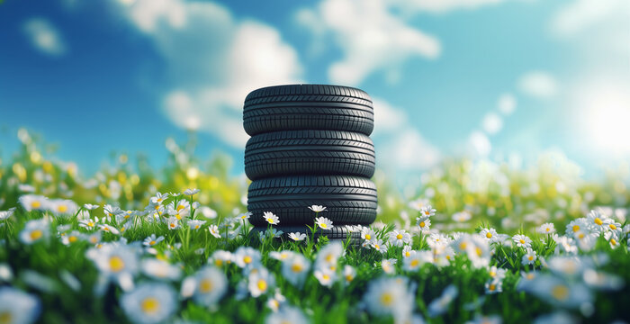 summer tires in the blooming spring in the sun - time for summer tires