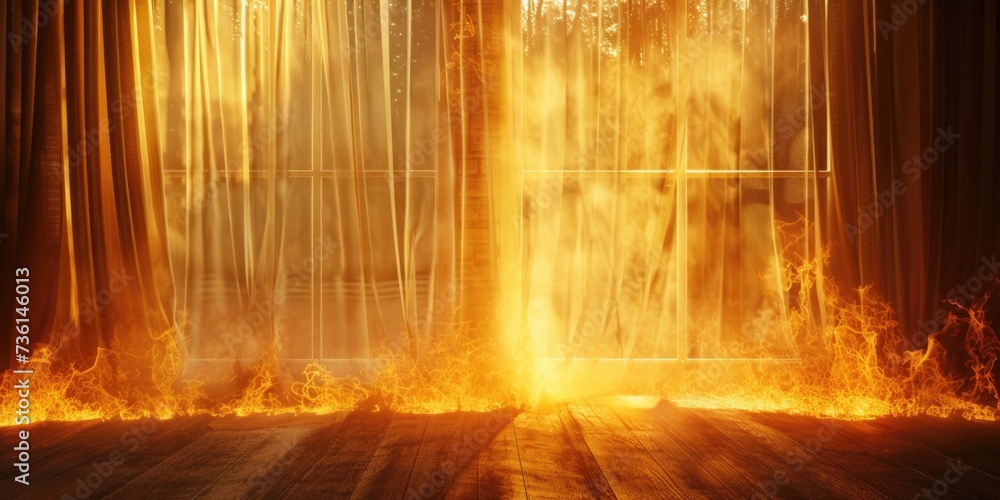 Poster a fire burns in front of a window. this image can be used to depict danger or destruction