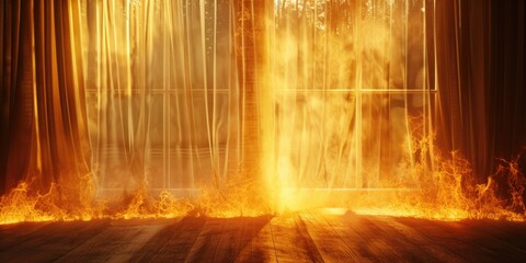 A fire burns in front of a window. This image can be used to depict danger or destruction