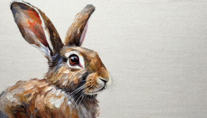 Oil painting of a rabbit head on pure white background canvas, copyspace on a side
