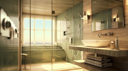 Glass shower enclosure with light-toned marble or  AI generated illustration