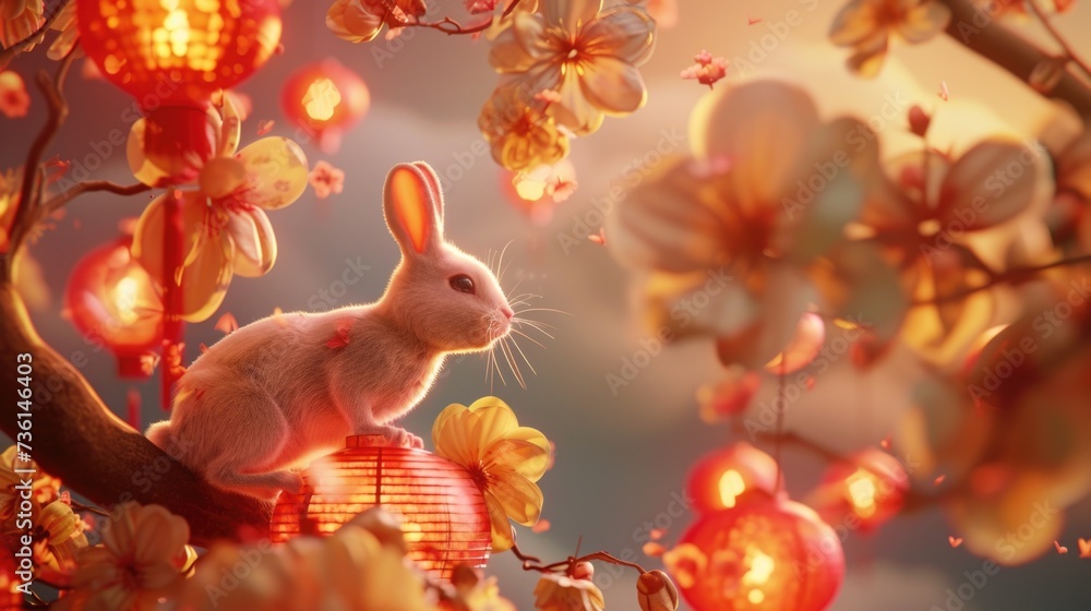 Poster A white rabbit sitting on top of a red lantern. Perfect for adding a touch of whimsy to your designs