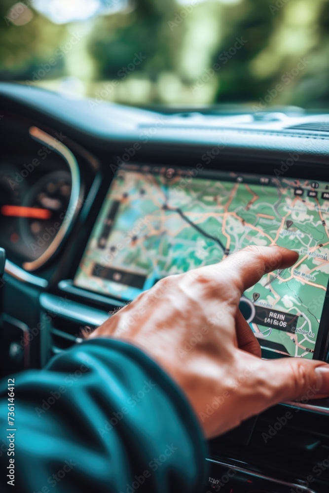 Poster A person using a GPS device in a car. Suitable for illustrating navigation, travel, and technology concepts