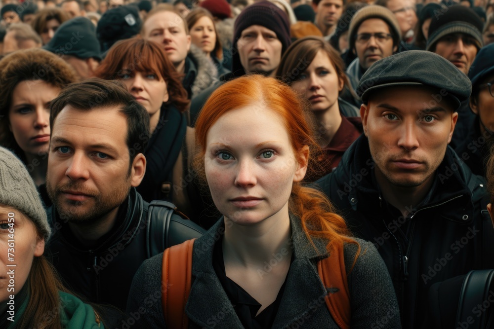 Poster a group of people standing together in front of a large crowd. this image can be used to represent t