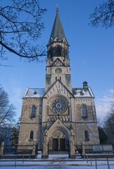 Fototapeta na wymiar Berlin, Germany - Jan 18, 2024: St. Johannes-Basilica in Berlin. Cloudy winter day. Selective focus