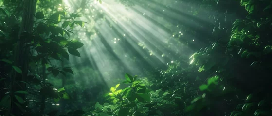 Beautiful rays of sunlight in a green forest © Artem