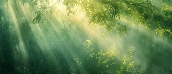 Beautiful rays of sunlight in a green forest