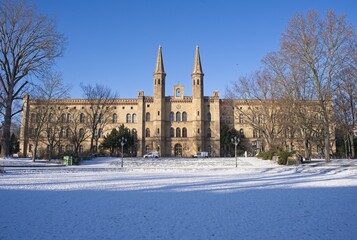 Berlin, Germany - Jan 19, 2024: Art space Kreuzberg-Bethanien in Berlin. Sunny winter day. Selective focus