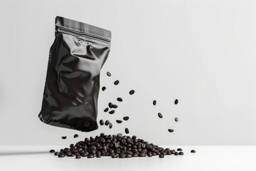 A bag of coffee beans falling into a pile of coffee beans. Perfect for coffee enthusiasts or coffee shop promotions
